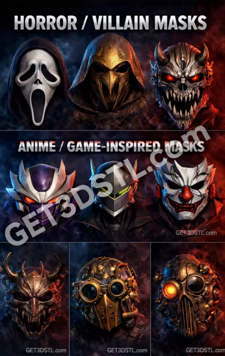 100+ scary masks grouped by category: horror masks, anime/game masks, steampunk and fantasy – STL 3D printable files