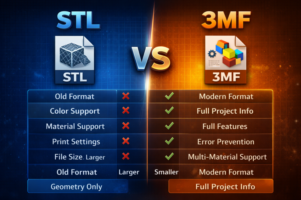 STL vs 3MF comparison chart showing differences
