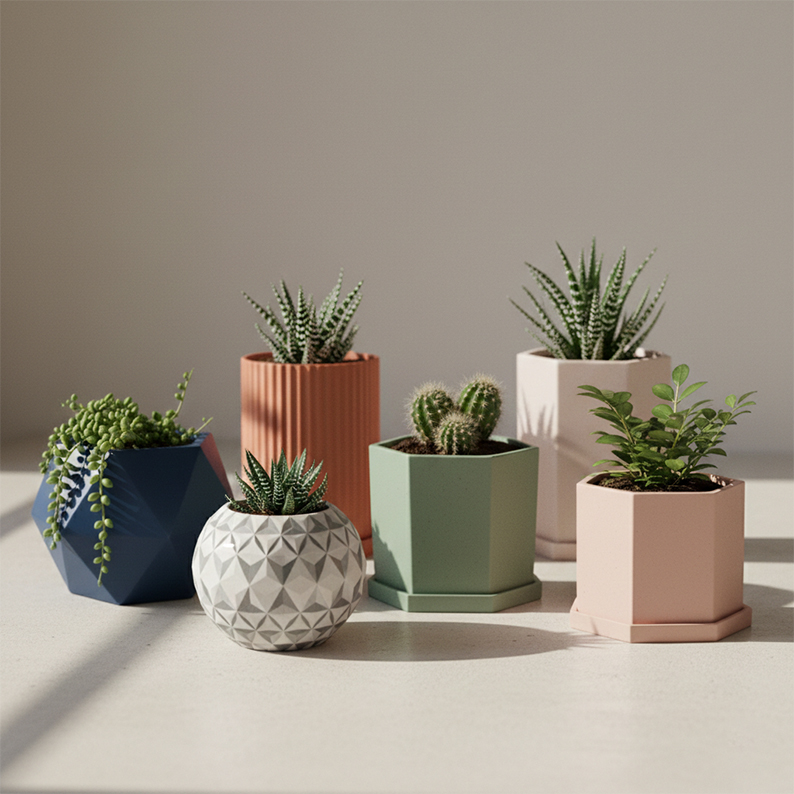 Modern geometric 3D printed planters with succulents displayed in colorful pots
