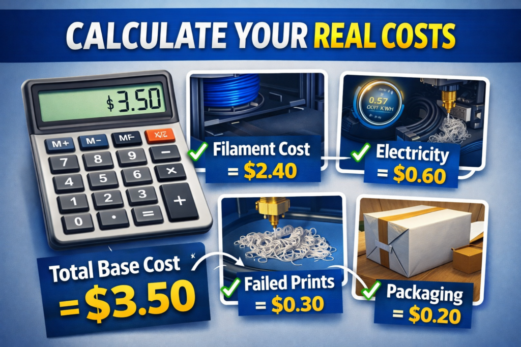 3D printing cost calculation example including filament electricity and packaging