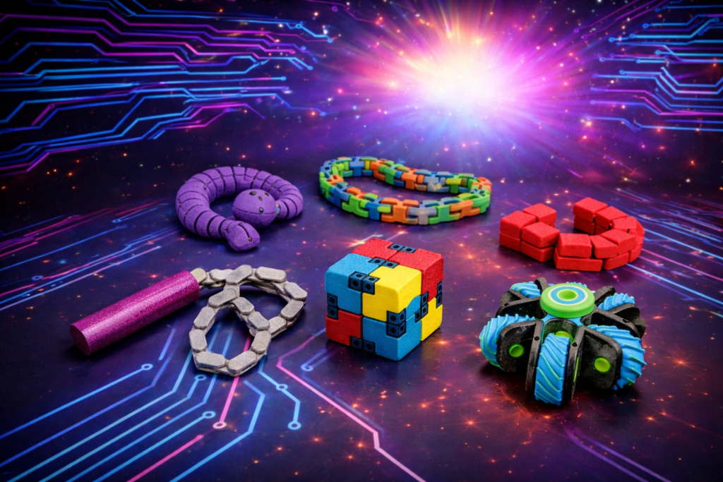 Colorful 3D printed flexible fidget toys including infinity cube, gear spinner, click chain and stress toys