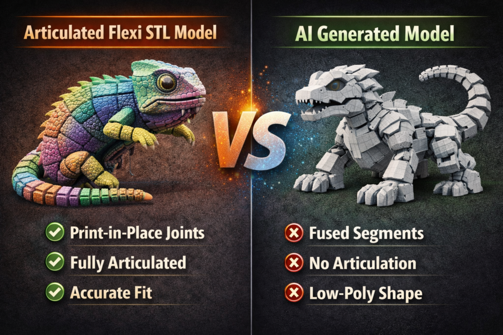 Articulated flexi STL model with print-in-place joints compared to AI generated 3D model with fused segments