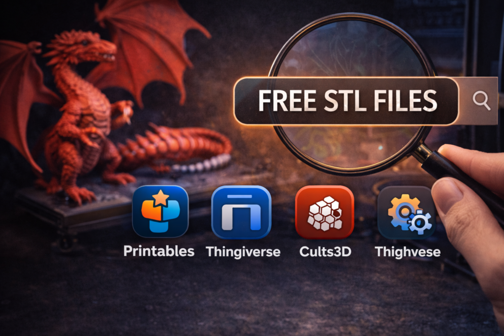 Searching for free STL files for 3D printing on websites like Printables Thingiverse and Cults3D
