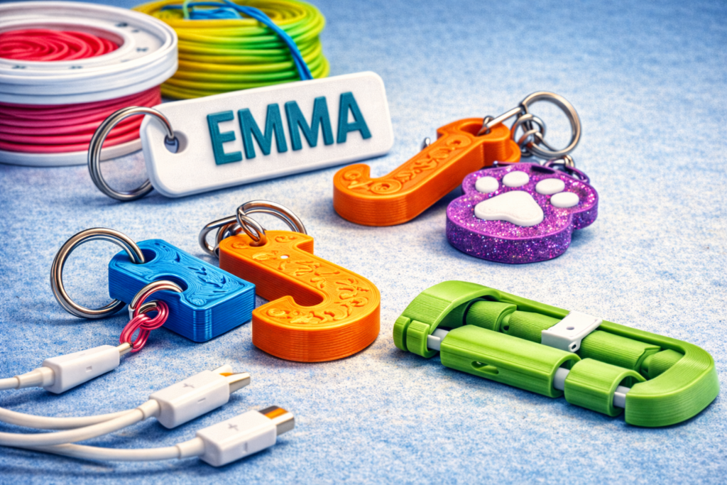 small 3d printed keychains and cable organizers for sale