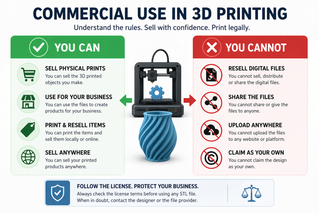 Commercial use license rules for selling 3D printed products legally