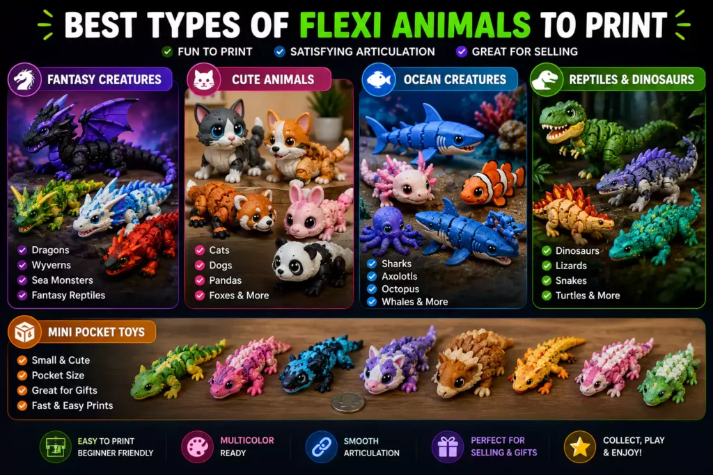 Colorful infographic showing the best types of articulated flexi animal STL and 3MF models including dragons, ocean creatures, dinosaurs, cats, and mini pocket toys.