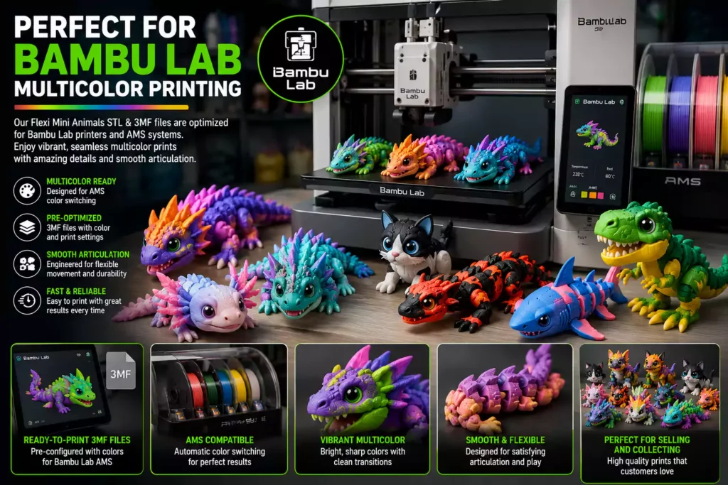 Colorful Flexi Mini Animals STL and 3MF models optimized for Bambu Lab multicolor printing with AMS-compatible articulated 3D print designs.