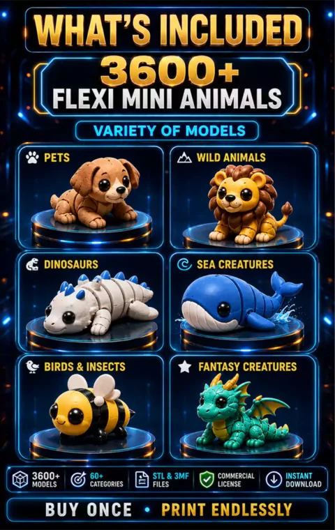 3600+ Flexi Mini Animals bundle showcasing multiple categories including dragons, pets, sea creatures and fantasy models