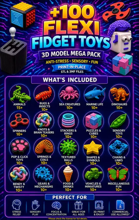 Collection of 100+ print-in-place Flexi Fidget Toy STL models including spinners, textured balls, springs, puzzles and sensory toys.