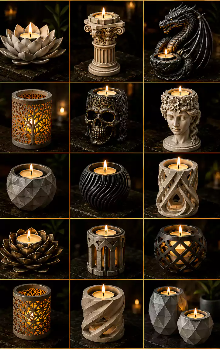 Gallery of high-quality candle holder STL designs showcasing luxury home decor, gothic, dragon, floral and geometric tea light holders for 3D printing.