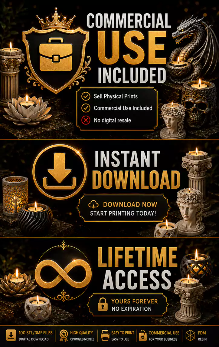 Commercial use included with instant digital download and lifetime access for the 100 Candle Holder STL Bundle