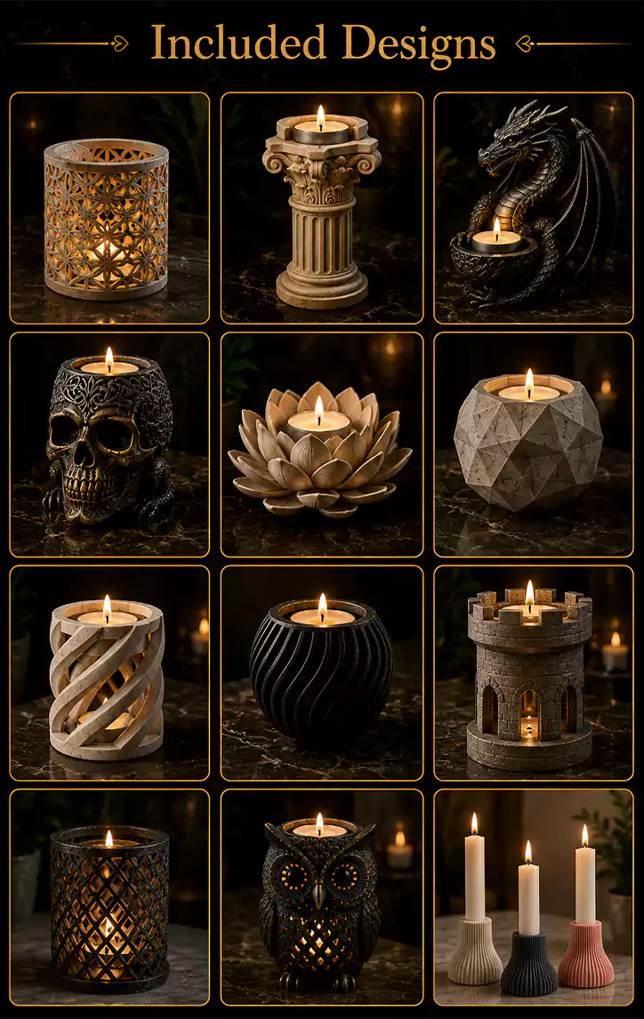 premium 3D printable candle holder designs featuring modern geometric, floral, Roman and decorative tea light holders from the 100 Candle Holder STL Bundle.