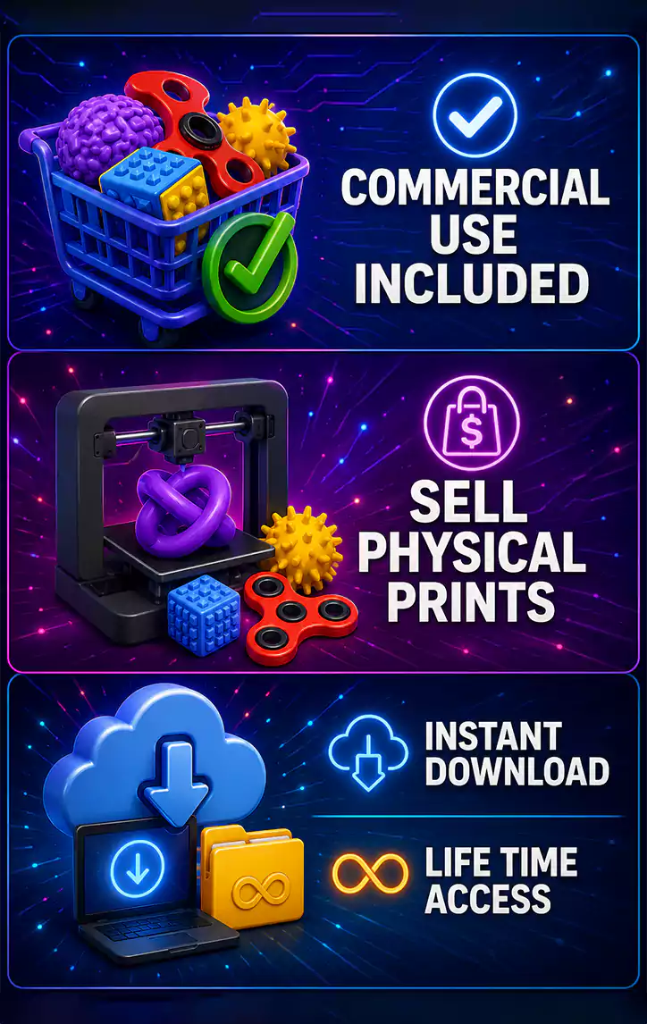 Commercial use included for Flexi Fidget Toys STL bundle with permission to sell physical 3D prints, instant download and lifetime access.