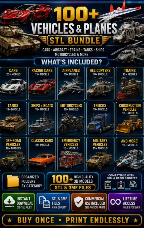 Preview of vehicle STL models including cars, motorcycles, aircraft, tanks, ships and trains