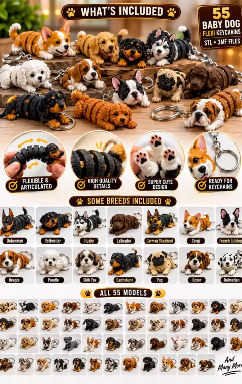 55 articulated baby dog keychain models included in this STL bundle