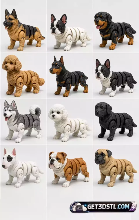 Collection of articulated dog breeds included in the STL bundle.