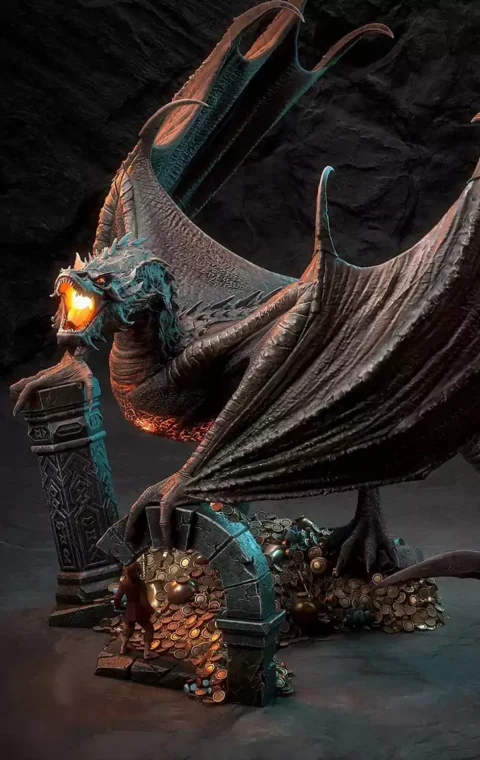 The Hobbit Smaug STL file showcasing a legendary fire dragon on a detailed treasure mountain