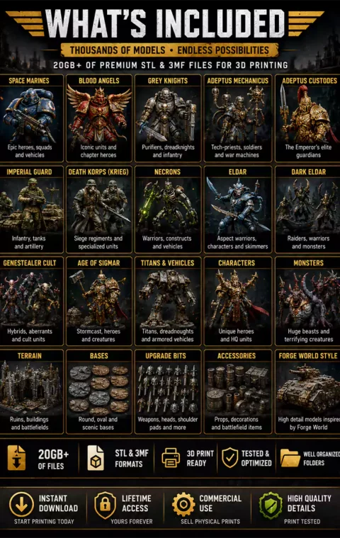 Sci-Fi tabletop miniatures bundle categories including heroes, vehicles, terrain and bases