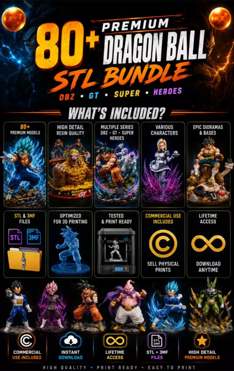 Overview of everything included in the Dragon Ball STL bundle with 80+ premium 3D printable models, STL and 3MF files.