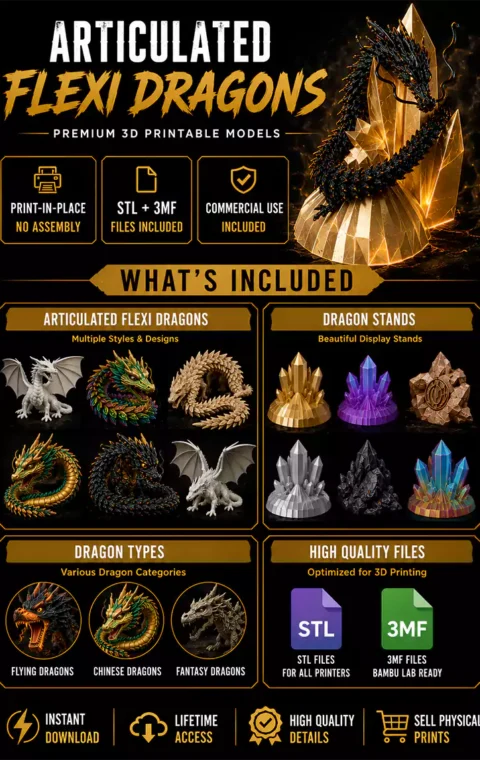 Preview of articulated Flexi Dragon STL files including flying dragons, Chinese dragons, dragon stands, and printable fantasy models.