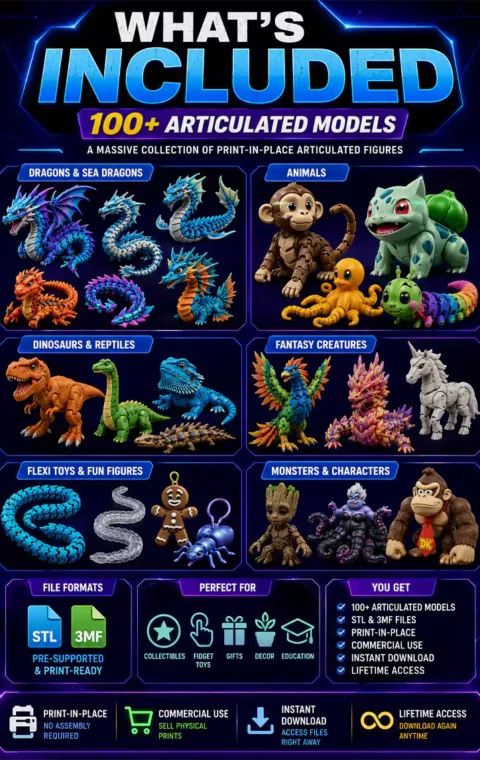 What's Included in the 100+ Articulated Figures STL Bundle showing dragons, animals, fantasy creatures, robots, sea creatures, dinosaurs, STL & 3MF files, commercial use, and bonus content.