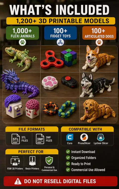 What's included in the 1,200+ 3D printable models bundle with 1,000+ flexi animals, 100+ fidget toys and 100+ articulated dogs